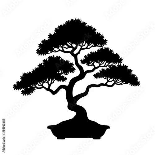 Black silhouette of a stylized bonsai tree in a pot white