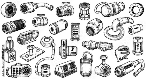 Collection of Hand-drawn Steampunk Mechanical Components  Industrial Engineering Parts