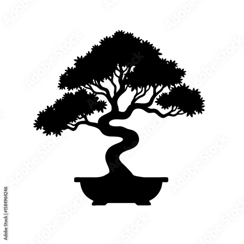 Black silhouette of a stylized bonsai tree in a pot white
