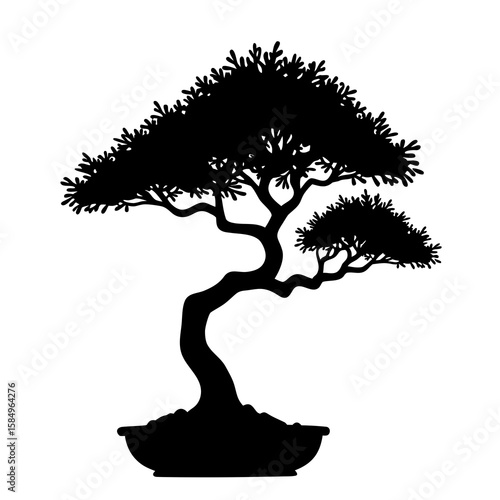 Black silhouette of a stylized bonsai tree in a pot white
