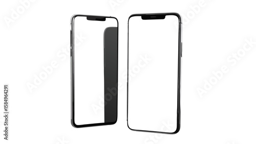 Two modern smartphones with blank white screens standing side by side on a plain white background view