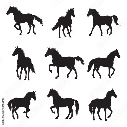 Collection of nine black horse silhouettes in various poses isolated on white background silhouette