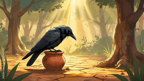 The clever, thirsty crow from Aesop's fable perched on a clay pot in a magical, sunlit forest with beautiful sunbeams.