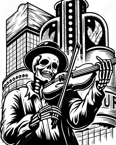 SVG of a rocker skeleton with a skull motif, perfect for edgy tattoo art. Skeleton Musician Playing Violin in Urban Cityscape Background