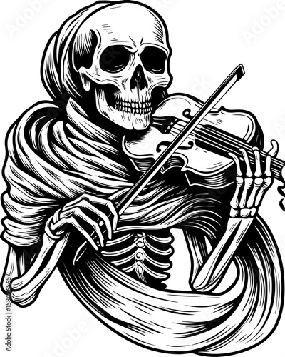SVG of a rocker skeleton with a skull motif, perfect for edgy tattoo art. Skull Playing Violin in Artistic Black and White Illustration