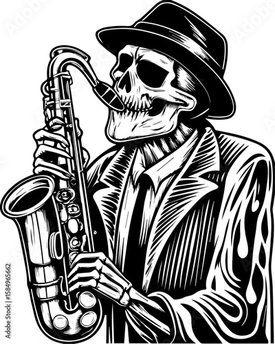 SVG of a rocker skeleton with a skull motif, perfect for edgy tattoo art. Skeleton Musician Playing Saxophone in Black and White Illustration