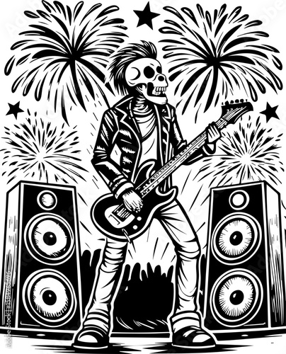 SVG of a rocker skeleton with a skull motif, perfect for edgy tattoo art. Skeleton Musician with Guitar Surrounded by Colorful Fireworks