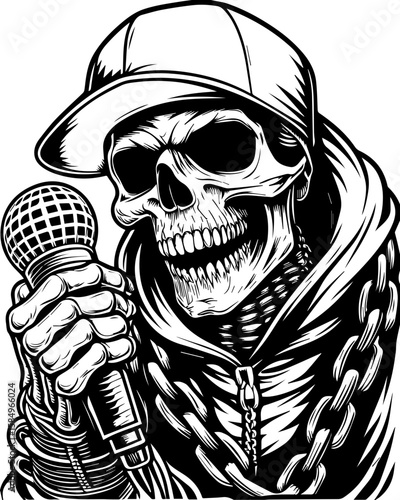 SVG of a rocker skeleton with a skull motif, perfect for edgy tattoo art. Skull with Microphone and Cap in Urban Street Style Design