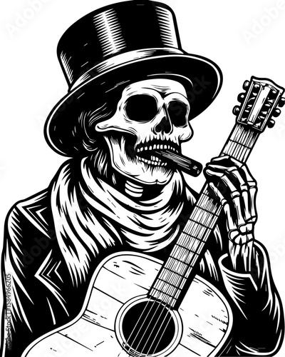 SVG of a rocker skeleton with a skull motif, perfect for edgy tattoo art. Vintage Skeleton Playing Harmonica and Acoustic Guitar in Hat