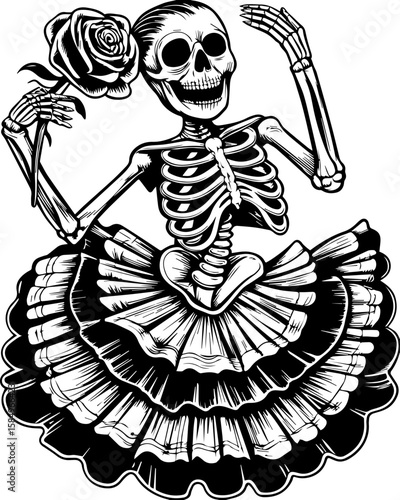 SVG of a rocker skeleton with a skull motif, perfect for edgy tattoo art. Vintage Skeleton in Fancy Dress Holding a Rose with Whimsical Charm