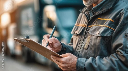 Close-up of a senior man in a work jacket taking notes on a clipboard outdoors