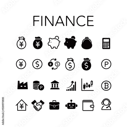 金融のアイコンセット | 円,貯金,がま口財布,電卓,円,ドル,ドル円為替,ポイント,工場,銀行,指数関数,チャート,ビットコイン,ローン,握手,仕事,AI,財布,電話オペレーター