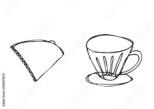 ゆるい線画の円錐コーヒーフィルターとドリッパーのイラスト