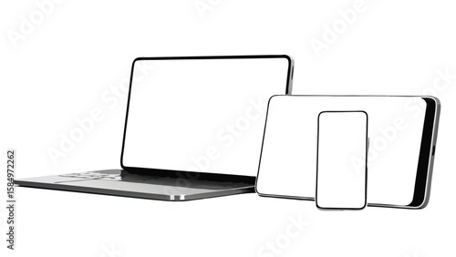 Laptop computer with blank white screen next to a tablet and smartphone also with blank screens on white