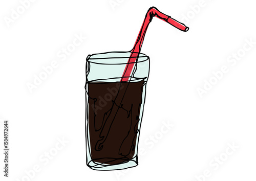 ゆるい線画の液体が入ったストロー付きのストレートグラスのイラスト
