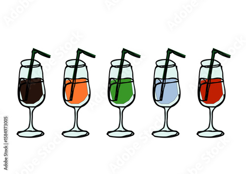 飲み物が入ったグラス線画カラーイラストセット