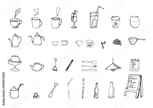 カフェの線画イラストセット