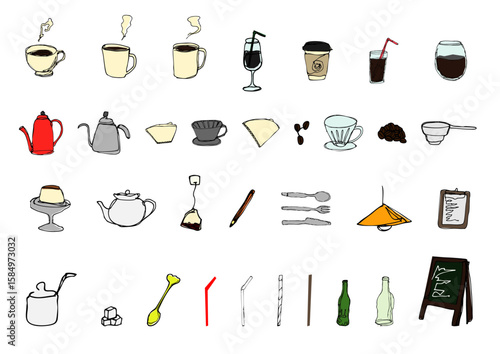 カフェの線画カラーイラストセット