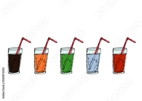 飲み物が入ったグラス線画カラーイラストセット