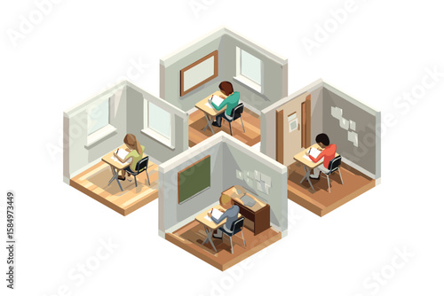 isometric set of apartment room interiors with modern furniture layout