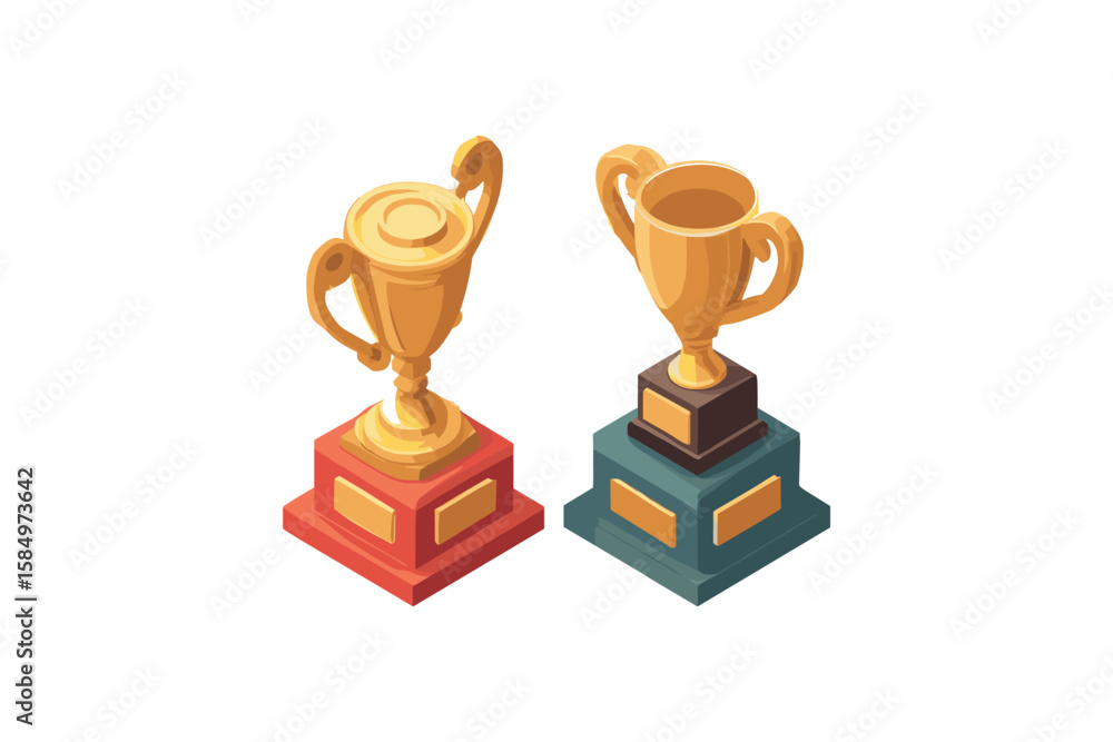 isometric illustration of gold trophy on pedestal with star emblem isometric illustration of gold trophy on pedestal with star emblem