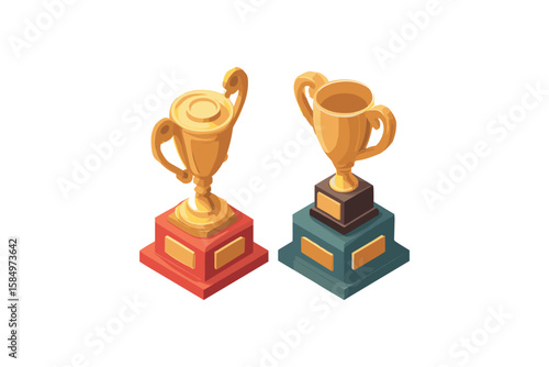isometric illustration of gold trophy on pedestal with star emblem