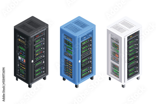 isometric set of data server towers with network components