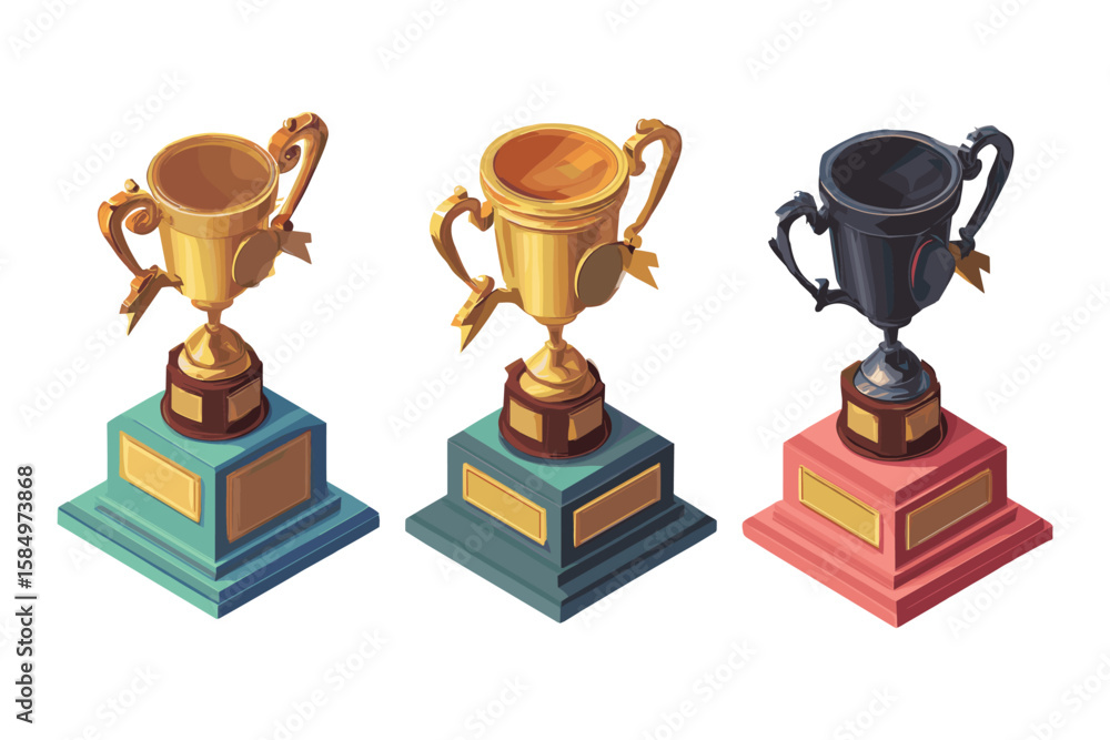 isometric set of golden and black trophies on podiums isometric set of golden and black trophies on podiums