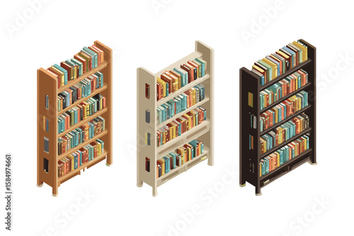 isometric set of bookshelves in various styles and book arrangements