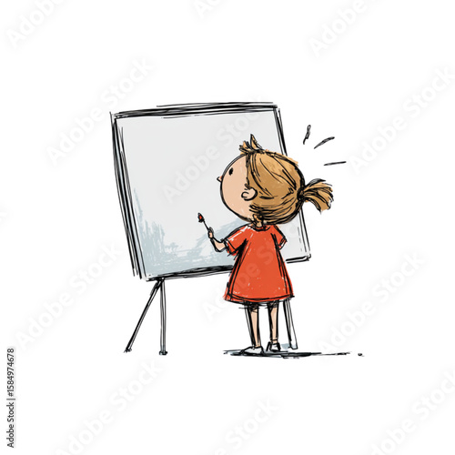 Young girl drawing on blank canvas with excitement in a classroom  