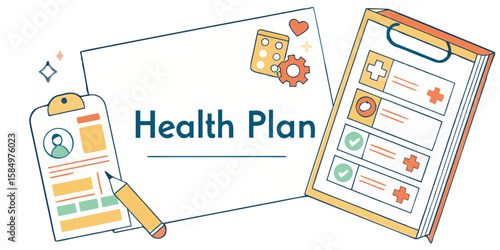 Health plan document with checklist, clipboard, and medical icons  