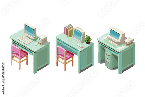 isometric set of school desks with drawers and book stacks