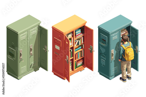 isometric set of open lockers with hanging clothes and school bags