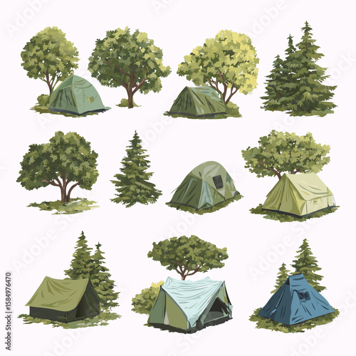 vector set of trees & tents 