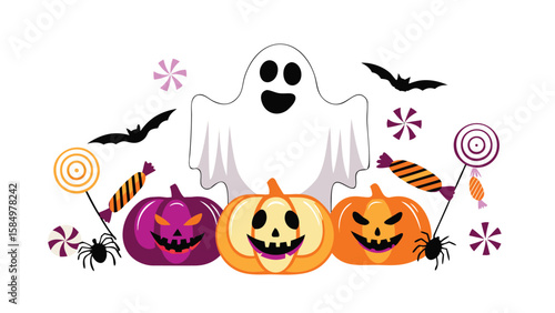 Halloween scene with pumpkins ghost bats spiders and candies on a white background design vector
