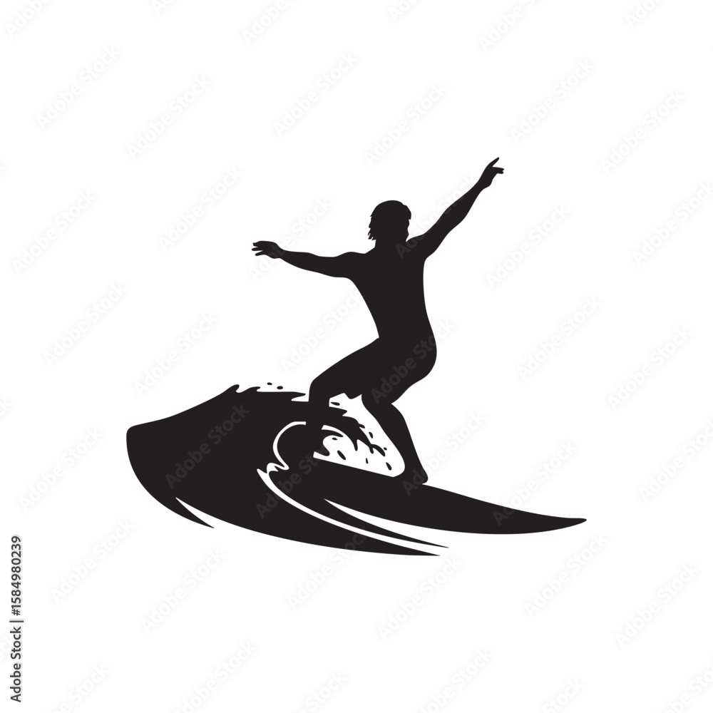 Fototapeta premium Surfer riding a wave in a dynamic silhouette isolated on white background silhouette