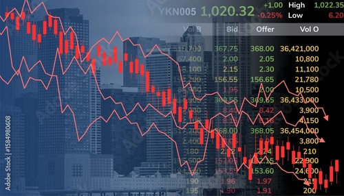 Stock market downturn with red candlestick chart, declining line graphs, and trading data screen. Ideal for illustrating financial loss, recession, risk, and economic decline in business visuals.