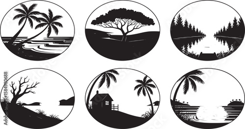 Black and white landscape illustrations, Vector designs of nature landscapes in circular frames