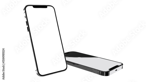Two smartphones with blank white screens one standing and one lying down on a white background scene view