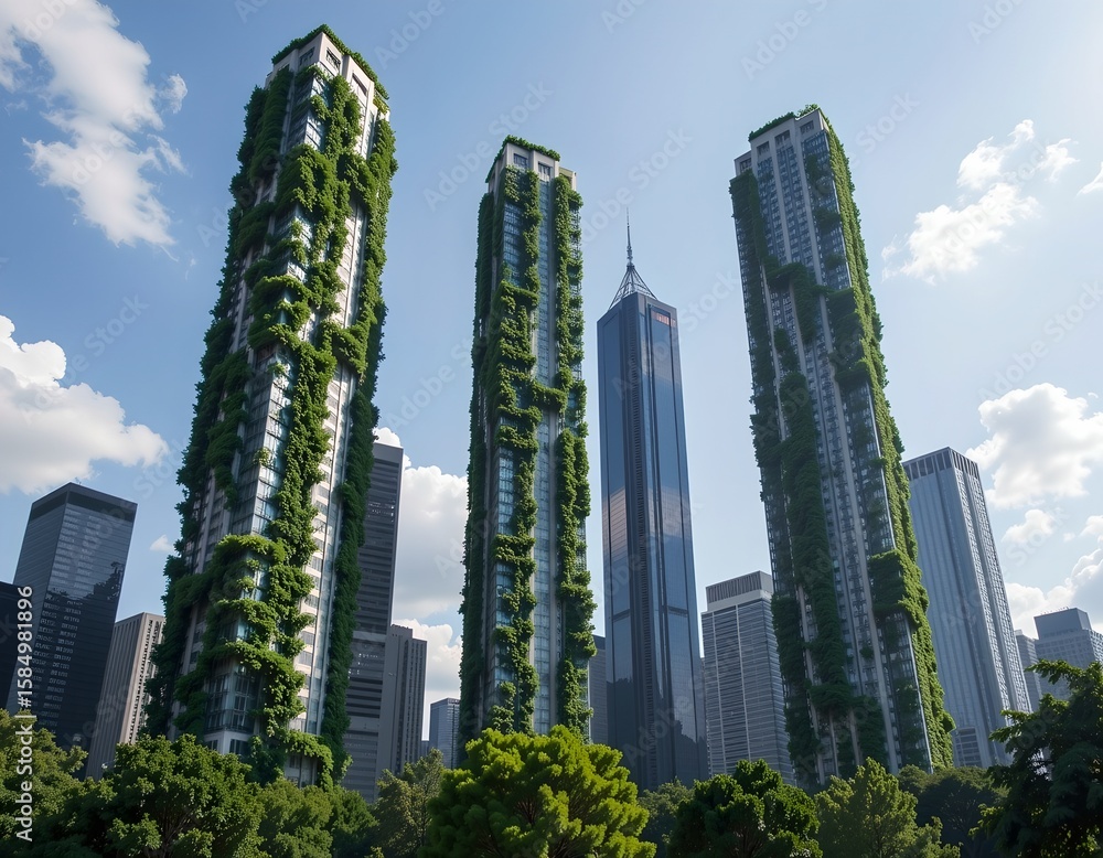 Fototapeta premium Skyscrapers Infused With Nature Textures, Shadow Depth And Sustainability Overlay