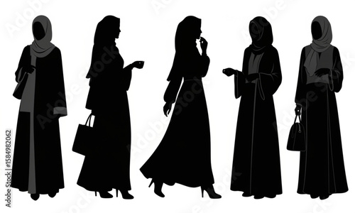 Muslim Women Silhouettes in Traditional Abayas | Collection of Islamic Female Figures for Fashion, Cultural Illustration, and Design Resources