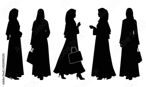 Arab Women Silhouettes in Traditional Dress | Elegant Muslim Female Figures for Cultural Design and Fashion Illustrations