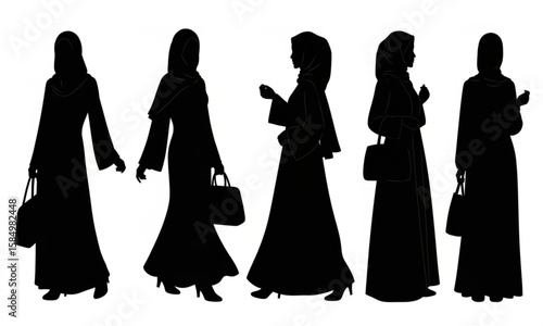 Muslim Women Silhouette Set in Abayas and Hijabs | Vector Illustration for Fashion, Culture, Diversity and Islamic Design