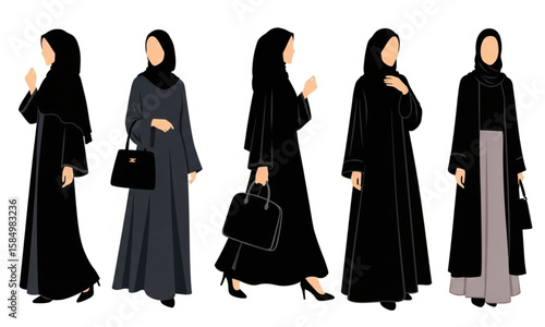 Muslim Women in Traditional Abayas and Hijabs | Middle Eastern Female Fashion and Cultural Attire for Modesty and Elegance Design