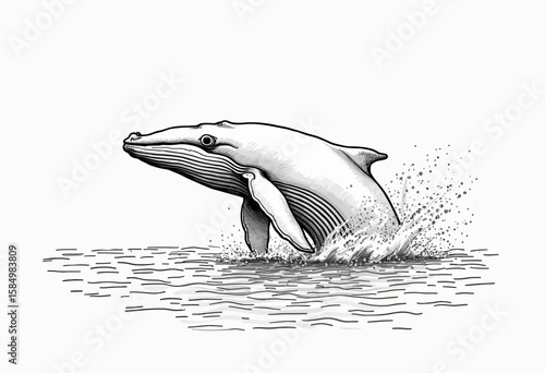 Illustrate Ocean Majesty: Dynamic Monochromatic Sketch of a Whale Leaping from Water, Capturing Its Power and Grace, Ideal for Marine Conservation, Wildlife Art, or Nature Themes.
