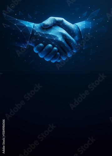 Futuristic digital handshake with glowing polygonal mesh design on dark background, ideal for business partnership or agreement concept poster.