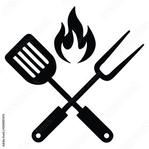 BBQ Grill Spatula and Fork Crossed Silhouette Vector Icon