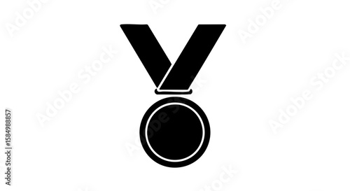 A simple black medal is hanging with a ribbon in the air.