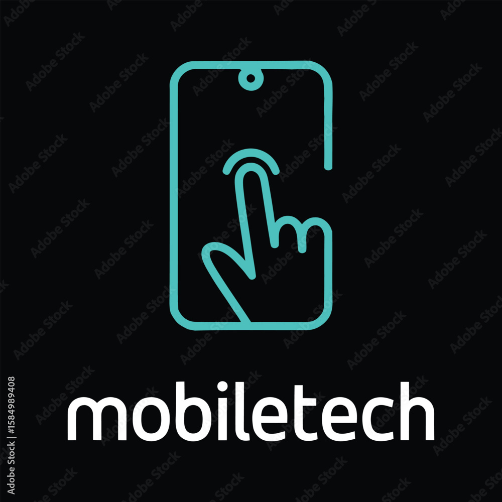 Modern mobile technology logo featuring hand interacting with smartphone display interface Modern mobile technology logo featuring hand interacting with smartphone display interface
