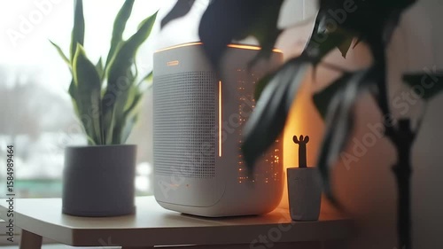 A modern air purifier surrounded by plants, creating a cozy atmosphere.